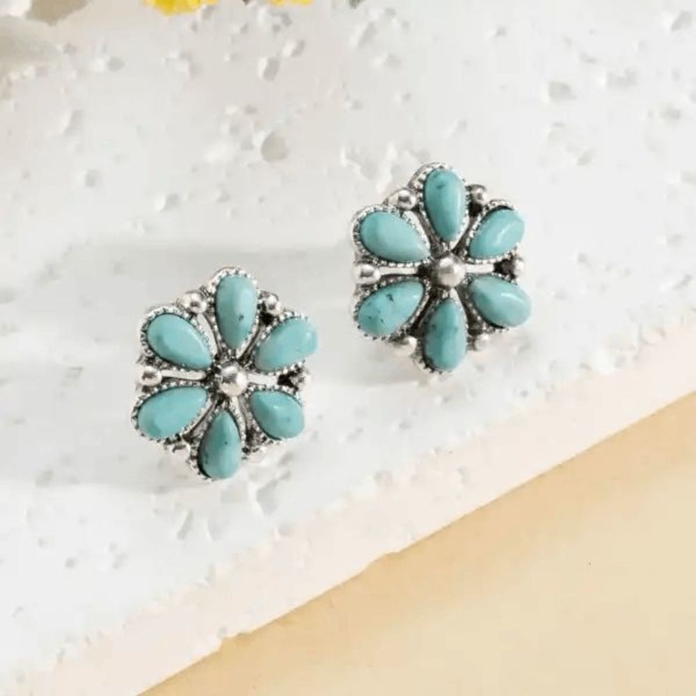 Western Southwestern Flower Shape Silver Plated Turquoise Stud Earrings - Picture 2 of 5